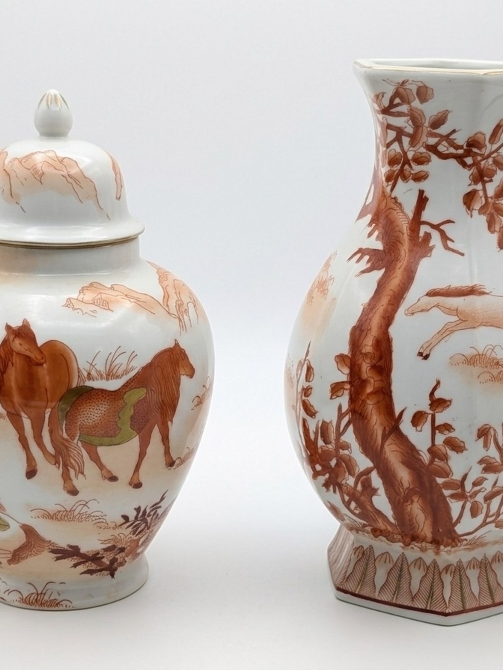 1970s-80s Japanese Porcelain 9" Horse Vase & 8" Ginger Jar – Decorated in Macau